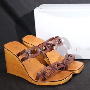 Stephanie Kelian Wooden Wedge Leather Sandals Like New -Vintage- In Original Box